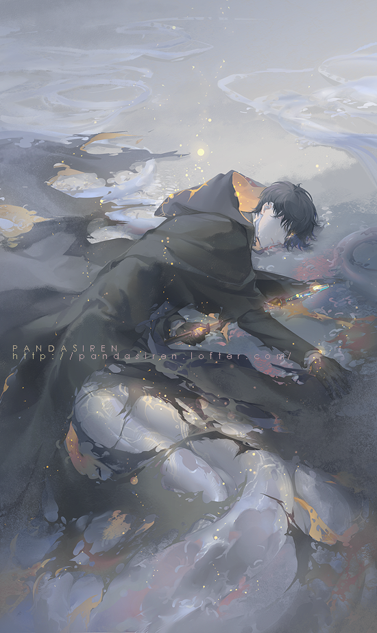 1boy, bangs, black_cloak, black_gloves, black_hair, cane, chinese_commentary, cloak