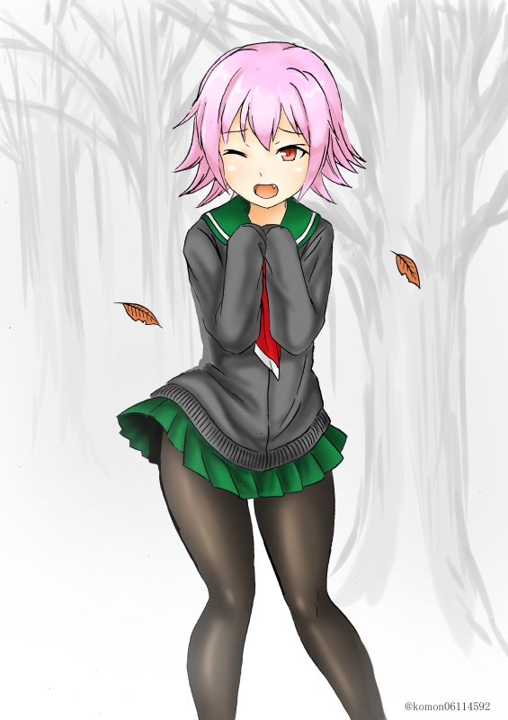 1girl, black_pantyhose, blush, breath, cardigan, cold, forest, green_eyes