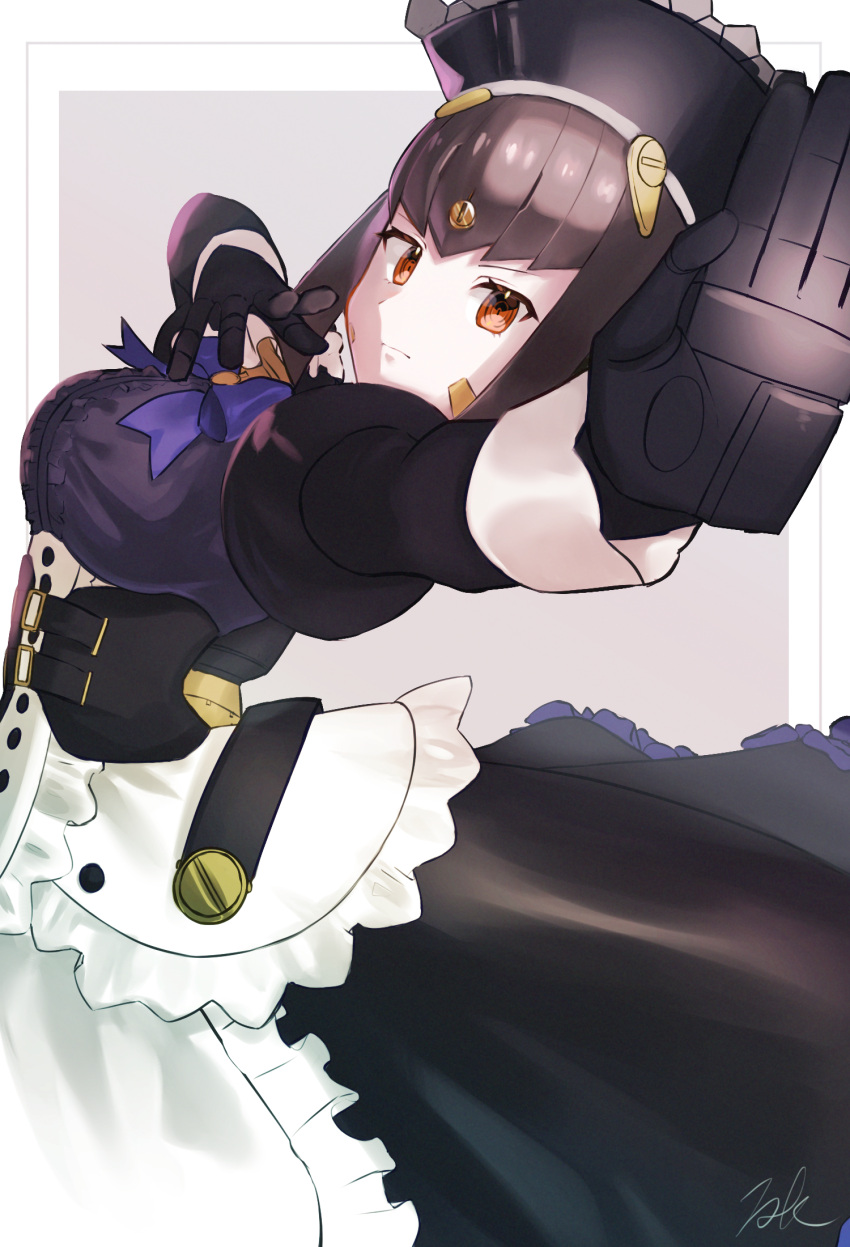 1girl, android, breasts, highres, joints, kyosuke1413koba, lila_(xenoblade), maid, maid_headdress, open_mouth, ribbon, robot_ears, robot_joints, short_hair, simple_background, solo, xenoblade_chronicles_(series), xenoblade_chronicles_2, yellow_eyes