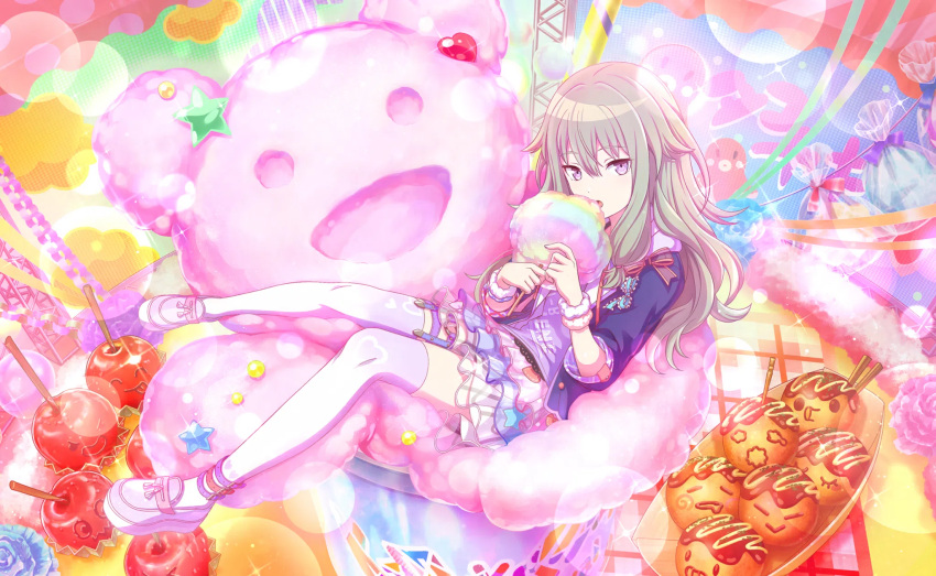 1girl, bag, blue_jacket, bow, candy_apple, colorful_palette, cotton_candy, eating