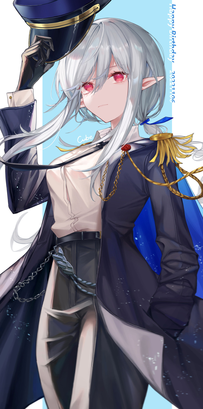 1girl, absurdres, alternate_costume, arknights, black_coat, black_gloves, black_headwear, black_necktie, black_pants, chain, coat, collared_shirt, cowboy_shot, cube_(cuberoot-of-e), epaulettes, gladiia_(arknights), gloves, gold_chain, grey_hair, hair_between_eyes, hand_in_pocket, hand_up, hat, hat_removed, headwear_removed, highres, long_hair, looking_at_viewer, necktie, open_clothes, open_coat, pants, pointy_ears, red_eyes, shirt, shirt_tucked_in, sidelocks, solo, white_shirt