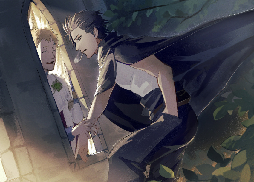 2boys, black_cloak, black_clover, black_hair, blonde_hair, cape, cigarette, cloak