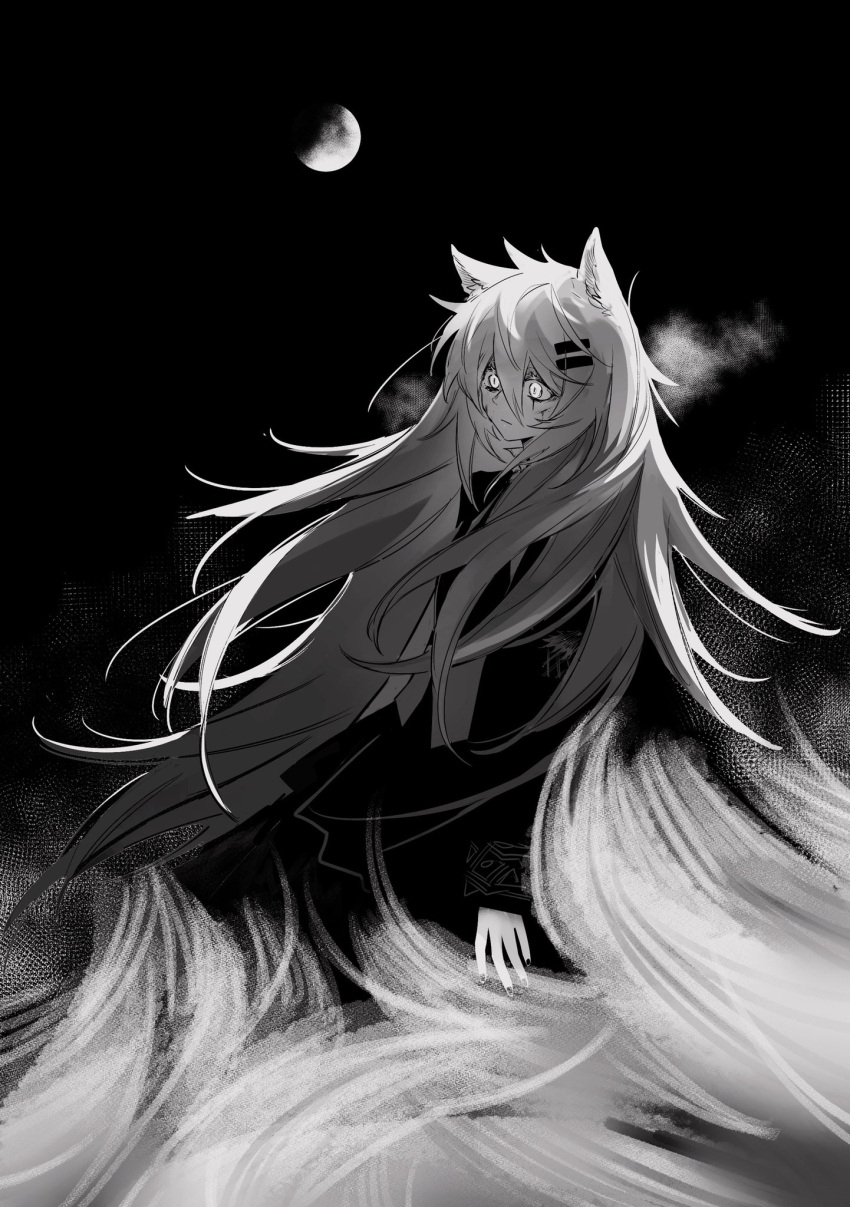 1girl, animal_ears, arknights, bangs, black_background, blood, blood_on_face, coat, greyscale, hair_between_eyes, hair_ornament, hairclip, highres, injury, kaleka, lappland_(arknights), long_bangs, long_hair, long_sleeves, messy_hair, monochrome, moon, scar, scar_across_eye, simple_background, solo, tail, very_long_hair, wolf_ears, wolf_girl