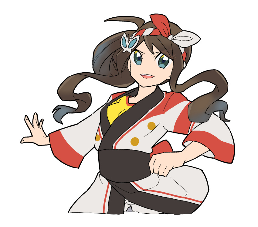 1girl, blue_eyes, brown_hair, clenched_hand, highres, hilda_(pokemon), hilda_(summer_2022)_(pokemon), long_hair