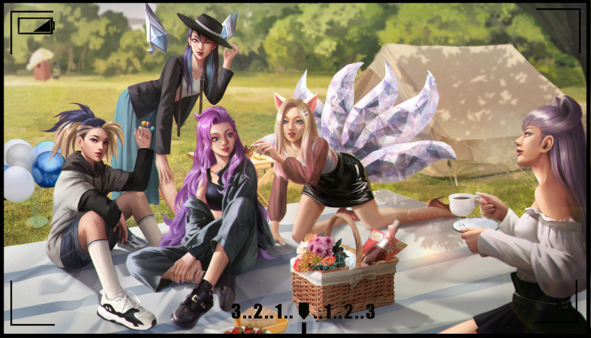 5girls, absurdres, ahri_(league_of_legends), akali, animal_ears, balloon, basket, black_hair