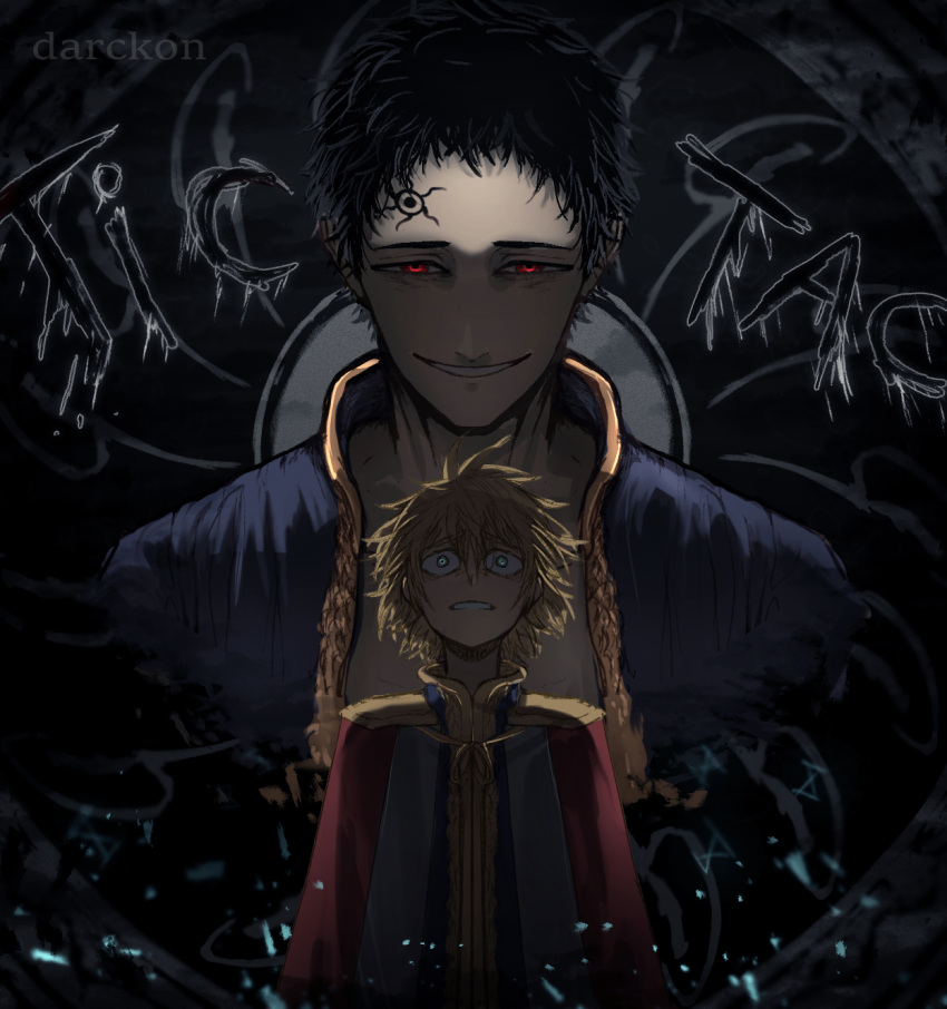 2boys, artist_name, black_clover, black_hair, blonde_hair, blue_eyes, darckon3, dark_background