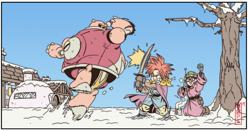 1boy, 1girl, aged_down, cape, chrono_trigger, clenched_teeth, crono_(chrono_trigger), day