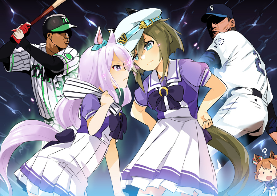 2boys, 3girls, ?, animal_ears, aqua_bow, aqua_eyes, aston_machan_(umamusume), bangs