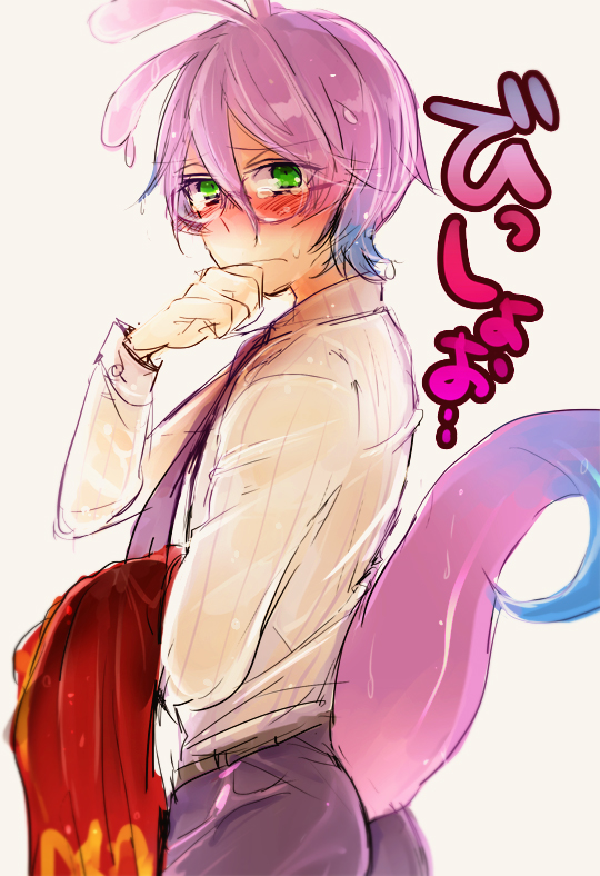 1boy, aged_down, blush, chiori_(dd07mw), glasses, gradient, gradient_background, green_eyes, lizard_tail, male_focus, monsters_inc., monsters_university, personification, purple_hair, randall_boggs, roar_omega_roar, shirt, short_hair, solo, tail, tears, wet, wet_clothes, wet_shirt