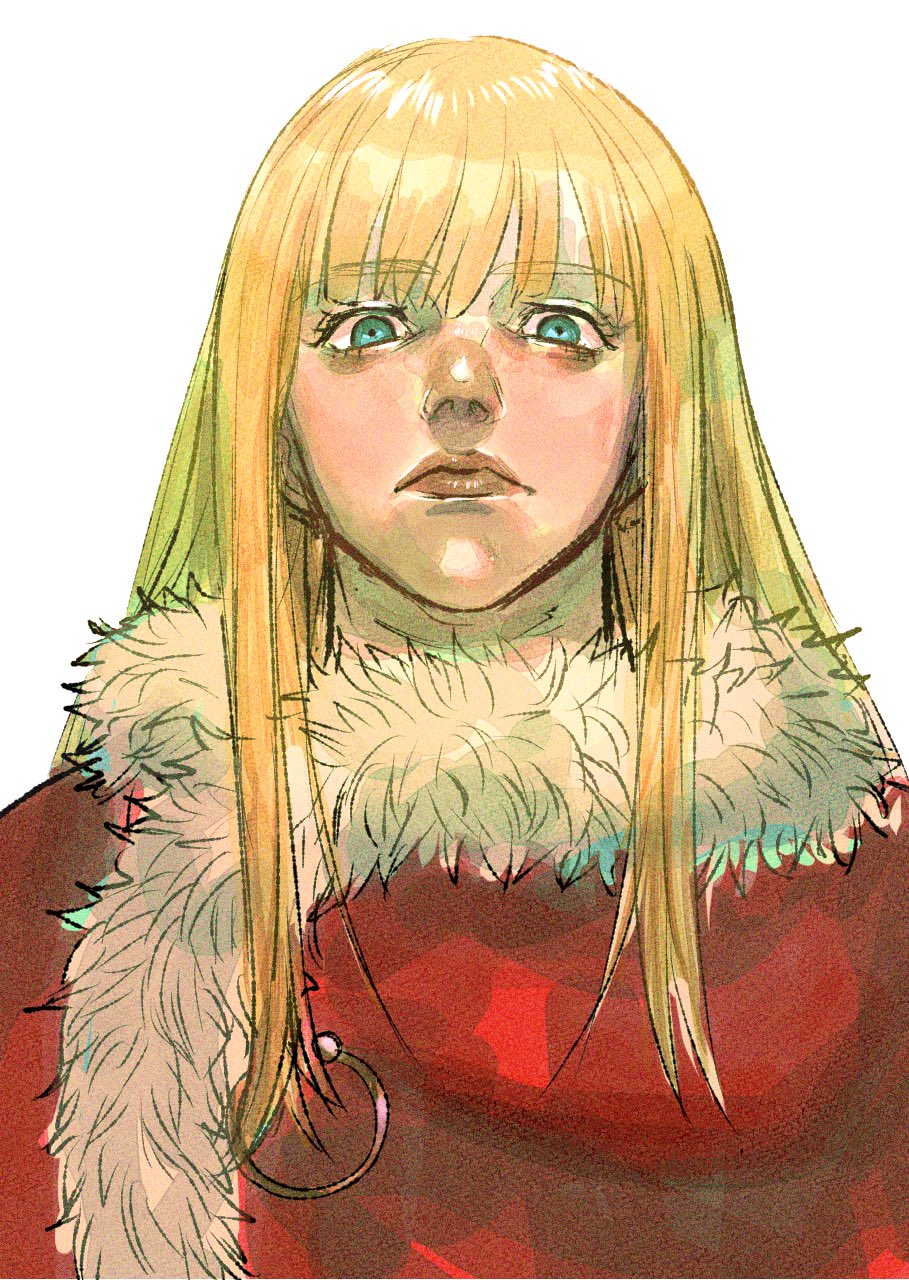 1boy, 1girl, bangs, biteikotupinchi, blonde_hair, blue_eyes, canute, cape, fur_trim, highres, long_hair, looking_at_viewer, male_focus, portrait, red_cape, solo, straight_hair, vinland_saga