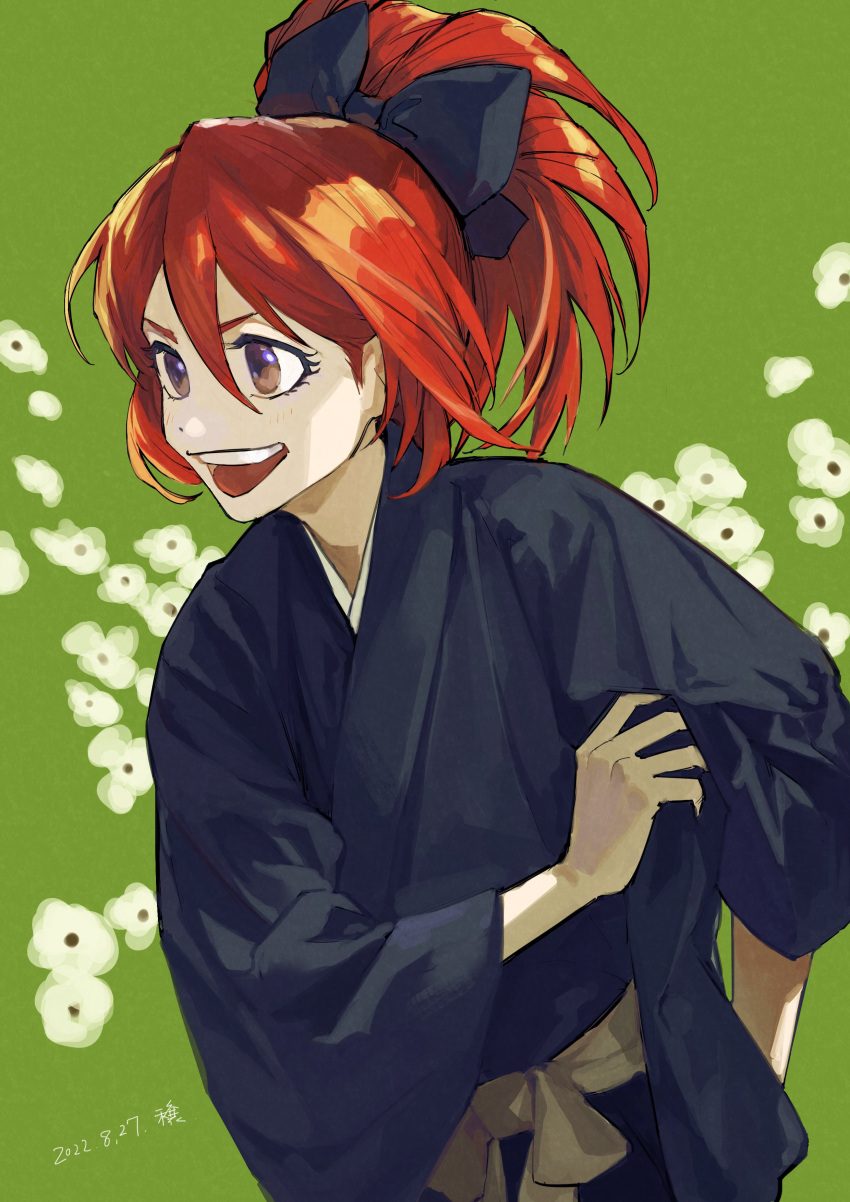 1girl, :d, abarai_ichika, absurdres, black_bow, black_kimono, bleach, bow