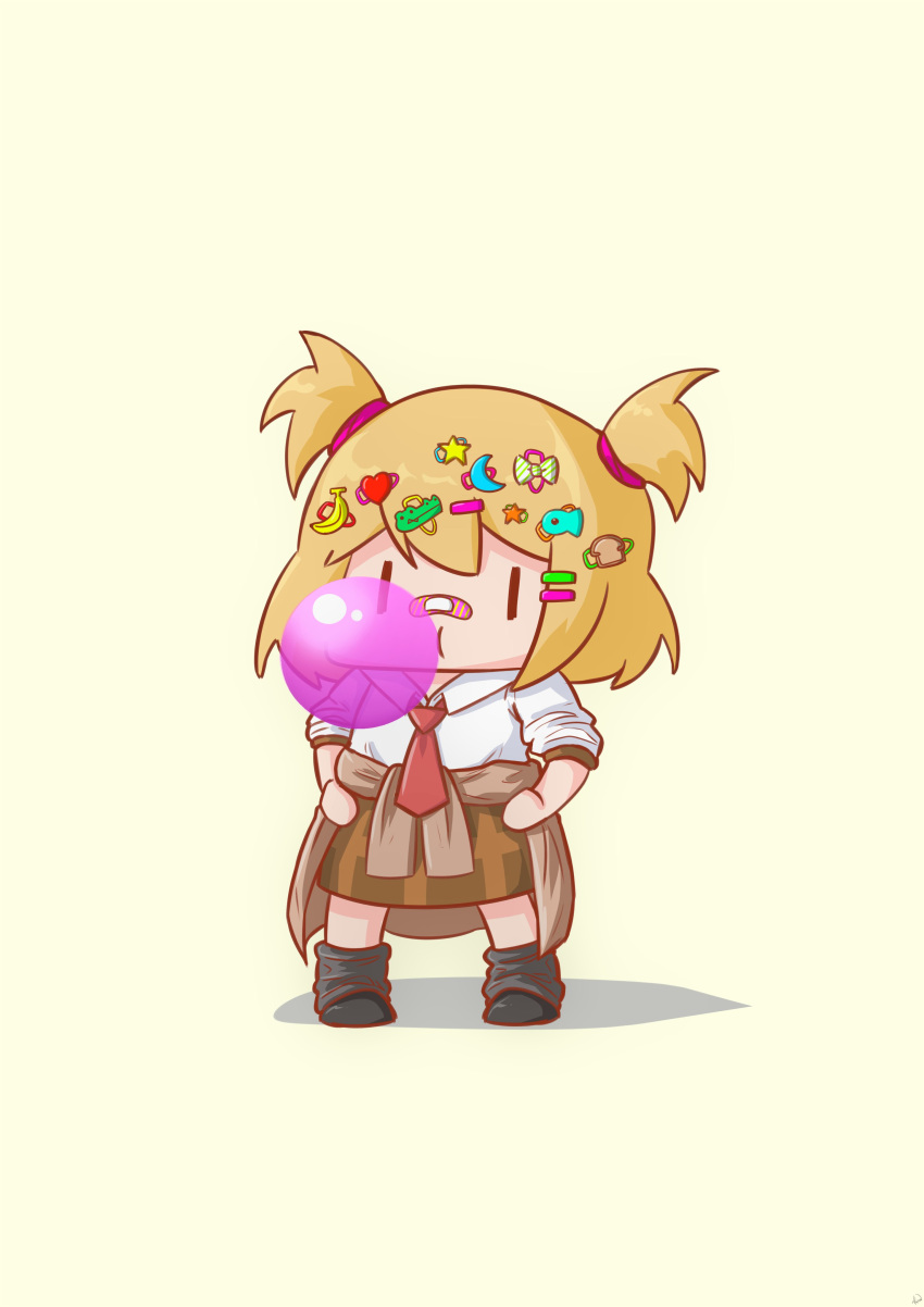 +_+, absurdres, banana_hair_ornament, bandaid, bandaid_on_face, black_footwear, black_socks, bread_hair_ornament