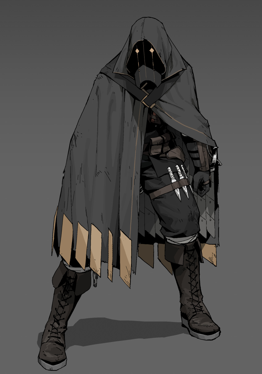 1boy, absurdres, black_cape, black_footwear, black_mask, black_pants, boots, cape