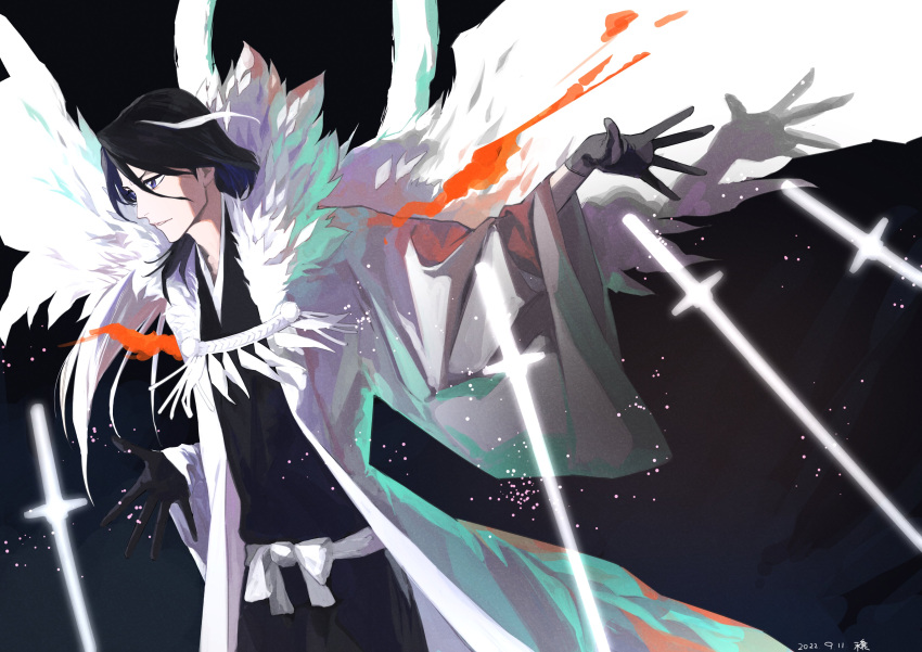 1boy, absurdres, bangs, black_gloves, black_hair, black_kimono, bleach, commentary_request