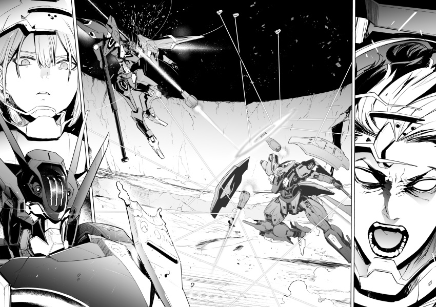 2boys, assault_visor, bangs, crater, dilanza_lauda_custom, elan_ceres, fighting, funnels_(gundam)