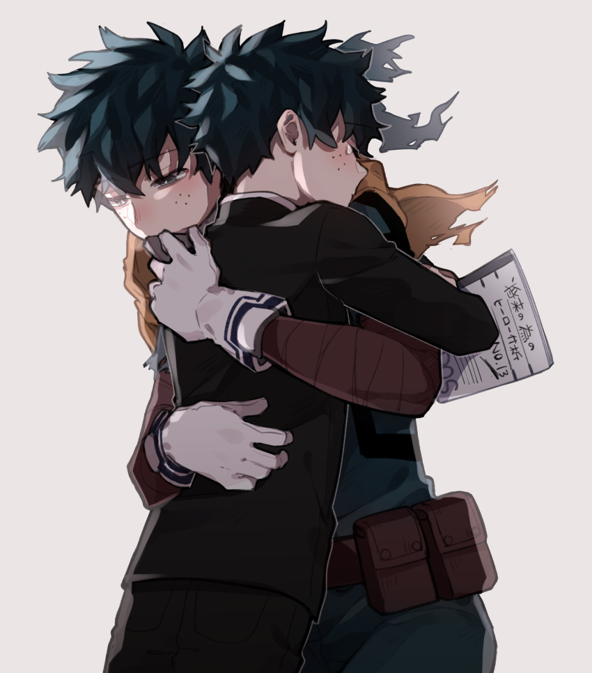 2boys, aged_down, bangs, belt, belt_pouch, black_hair, blush, bodysuit, boku_no_hero_academia, cape, commentary, crying, floating_cape, freckles, fujimaru_ritsuka_(male), gakuran, gloves, gradient, gradient_background, green_bodysuit, green_eyes, green_hair, high_collar, highres, holding, holding_notebook, hug, katochuu, male_focus, midoriya_izuku, multiple_boys, narrowed_eyes, nose_blush, notebook, outline, pouch, sad, school_uniform, short_hair, simple_background, spoilers, tears, torn_cape, torn_clothes, upper_body, utility_belt, white_background, white_gloves, white_outline, yellow_cape