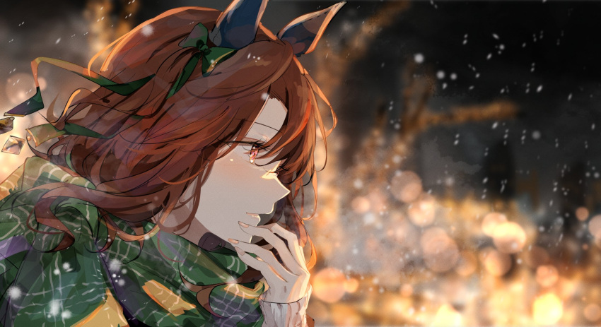 1girl, animal_ears, bangs, blurry, blurry_background, bokeh, bow, brown_hair, closed_mouth, depth_of_field, ear_covers, hair_bow, hand_up, highres, horse_ears, king_halo_(umamusume), lips, long_hair, looking_afar, ninjin_nouka, orange_eyes, outdoors, scarf, snow, solo, sweater, umamusume, upper_body, white_sweater
