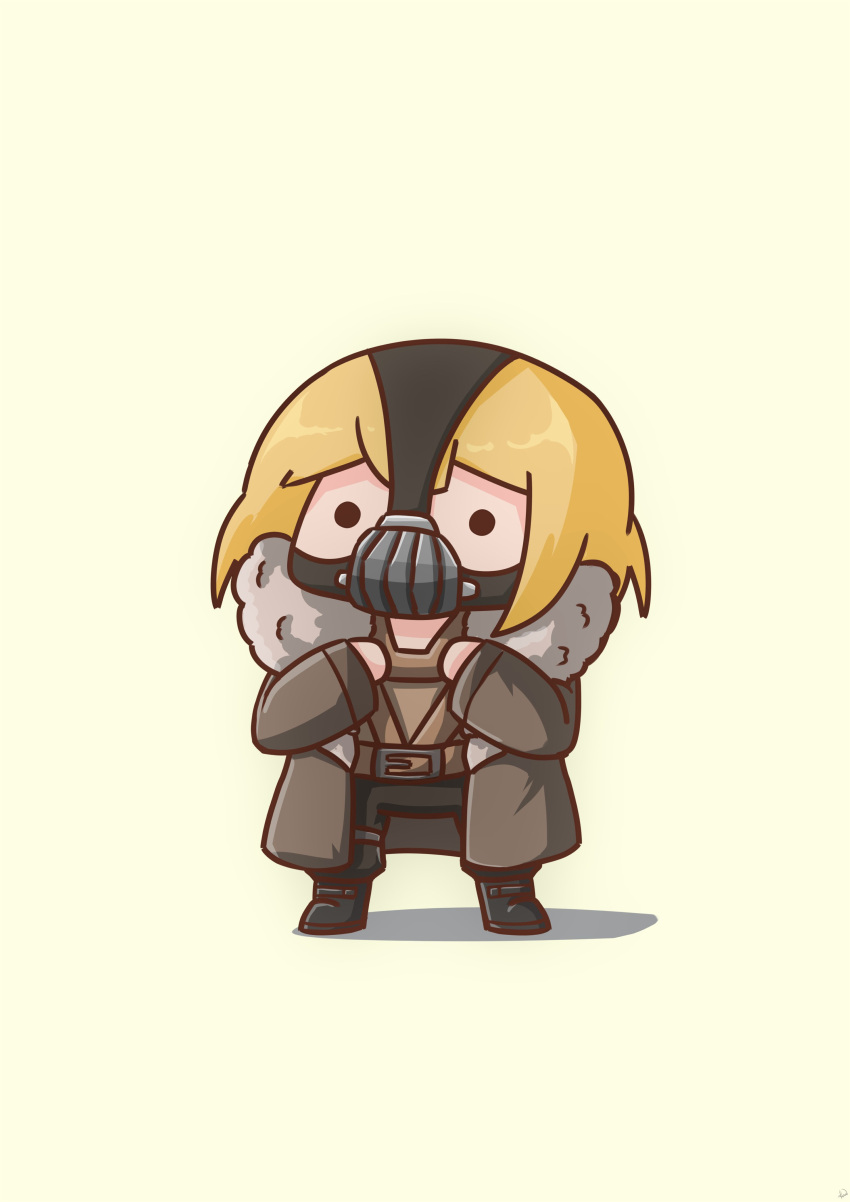 ._., absurdres, bane, bane_(cosplay), batman_(series), belt, belt_buckle, black_footwear