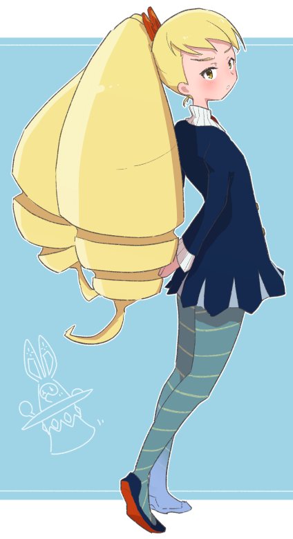1girl, big_hair, blonde_hair, blue_pantyhose, blush, dress, drill_hair, full_body, kika_tohoku, long_hair, looking_at_viewer, luna_platz_(mega_man), mega_man_(series), mega_man_star_force, pantyhose, skirt, solo, striped, striped_legwear, twin_drills, twintails, yellow_eyes