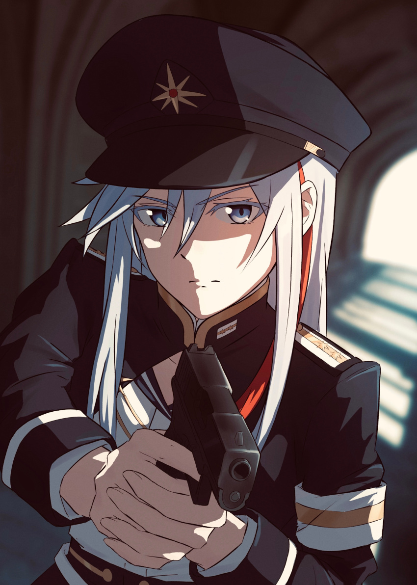 1girl, 86_-eightysix-, aiming_at_viewer, bangs, black_headwear, black_jacket, blue_eyes, blurry