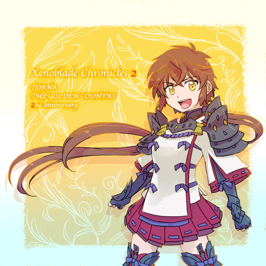 1girl, armor, armored_boots, bangs, boots, border, brown_hair, choco-cookie, copyright_name, fingerless_gloves, gauntlets, gloves, long_hair, looking_at_viewer, lora_(xenoblade), open_mouth, pauldrons, ponytail, purple_skirt, shoulder_armor, skirt, smile, solo, upper_body, white_border, xenoblade_chronicles_(series), xenoblade_chronicles_2, xenoblade_chronicles_2:_torna_-_the_golden_country, yellow_background, yellow_eyes