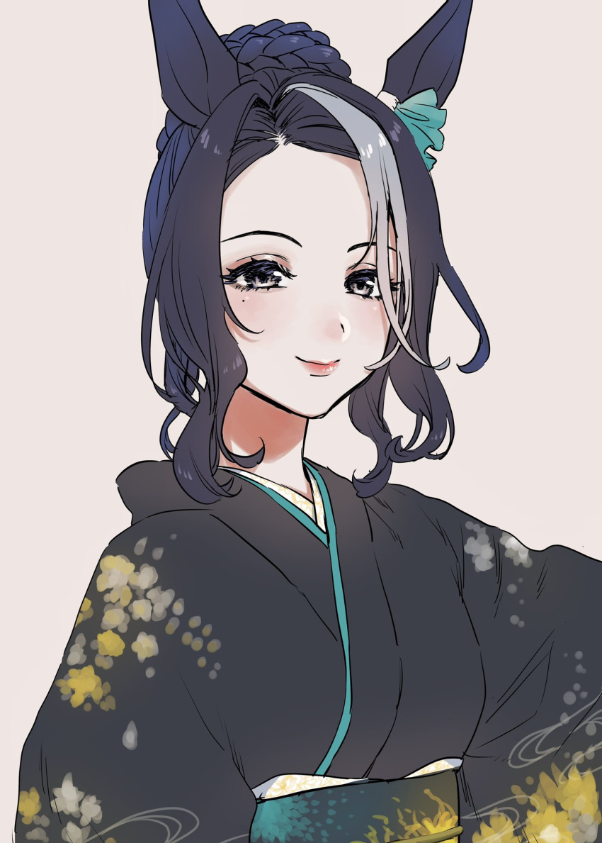 1girl, animal_ears, black_hair, black_kimono, braid, braided_bun, brown_background, closed_mouth