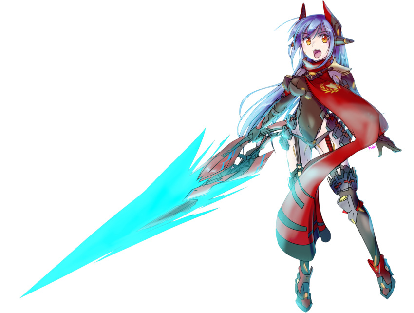1girl, android, armored_boots, armored_leotard, bangs, blue_hair, boots, brown_gloves, brown_leotard, choco-cookie, elbow_gloves, full_body, gloves, hair_ornament, holding, holding_sword, holding_weapon, leotard, long_hair, looking_at_viewer, open_mouth, orange_eyes, poppi_(xenoblade), poppi_qtpi_(xenoblade), red_scarf, robot, scarf, simple_background, solo, sword, weapon, white_background, xenoblade_chronicles_(series), xenoblade_chronicles_2