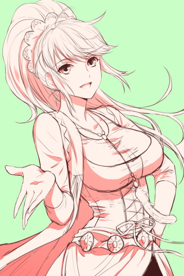 1girl, :d, breasts, dress, ellen_carson, green_background, hair_ornament, jewelry, large_breasts, long_hair, looking_at_viewer, monochrome, necklace, open_mouth, p-kana, ponytail, romancing_saga_3, saga, simple_background, smile, solo