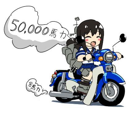 1girl, bicycle, black_hair, blue_sailor_collar, blue_skirt, breasts, closed_eyes, fubuki_(kancolle)