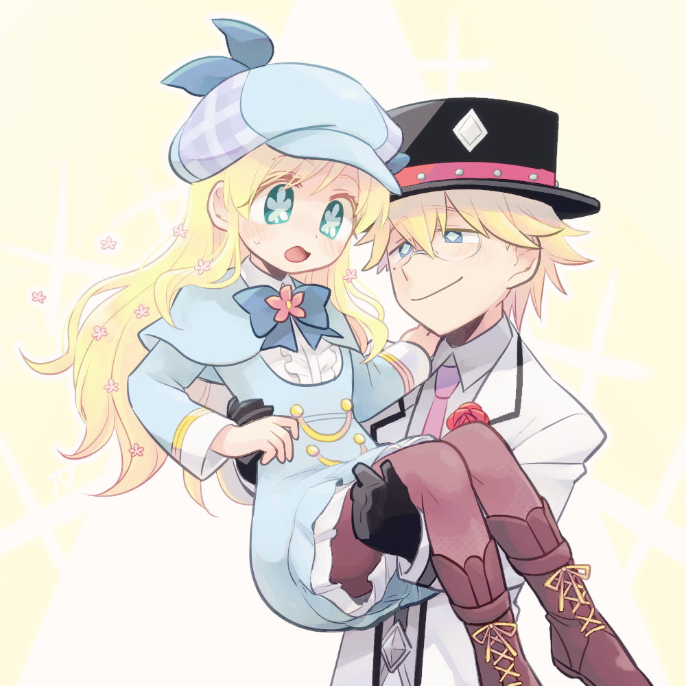 1boy, 1girl, blonde_hair, blue_capelet, blue_dress, blue_eyes, boots, capelet