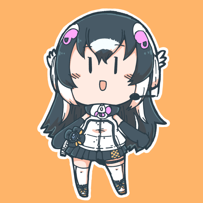 1girl, african_penguin_(kemono_friends), animal_costume, belt, black_hair, chibi, elbow_gloves, gloves, hair_ornament, headphones, kemono_friends, kemono_friends_v_project, kneehighs, long_hair, looking_at_viewer, microphone, multicolored_hair, numazoko_namazu, open_mouth, orange_background, penguin_costume, penguin_girl, shirt, simple_background, skirt, sleeveless, sleeveless_shirt, socks, solo, thighhighs, virtual_youtuber, zipper