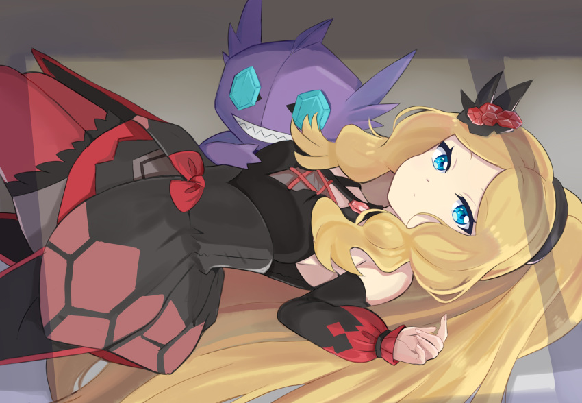 1girl, bangs, black_dress, blonde_hair, blue_eyes, caitlin_(fall_2021)_(pokemon), caitlin_(pokemon), cu-sith