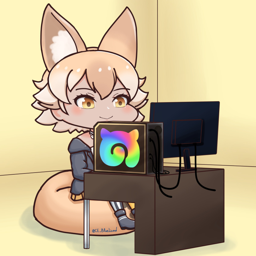 1girl, 3, absurdres, animal_costume, animal_ear_fluff, animal_ears, black_jacket, blonde_hair, ce_bluelizard, computer, coyote_(kemono_friends), desk, extra_ears, highres, jacket, kemono_friends, kemono_friends_v_project, kneehighs, shoes, short_hair, skirt, socks, solo, tail, virtual_youtuber, wolf_costume, wolf_ears, wolf_girl, wolf_tail, yellow_eyes