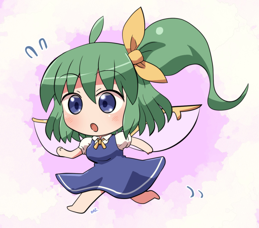 1girl, ahoge, barefoot, blue_dress, blue_eyes, blush, chibi, collared_shirt