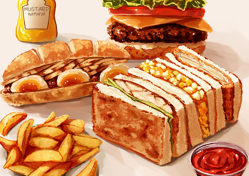 bread, burger, cheese, commentary, food, food_focus, french_fries, hardboiled_egg