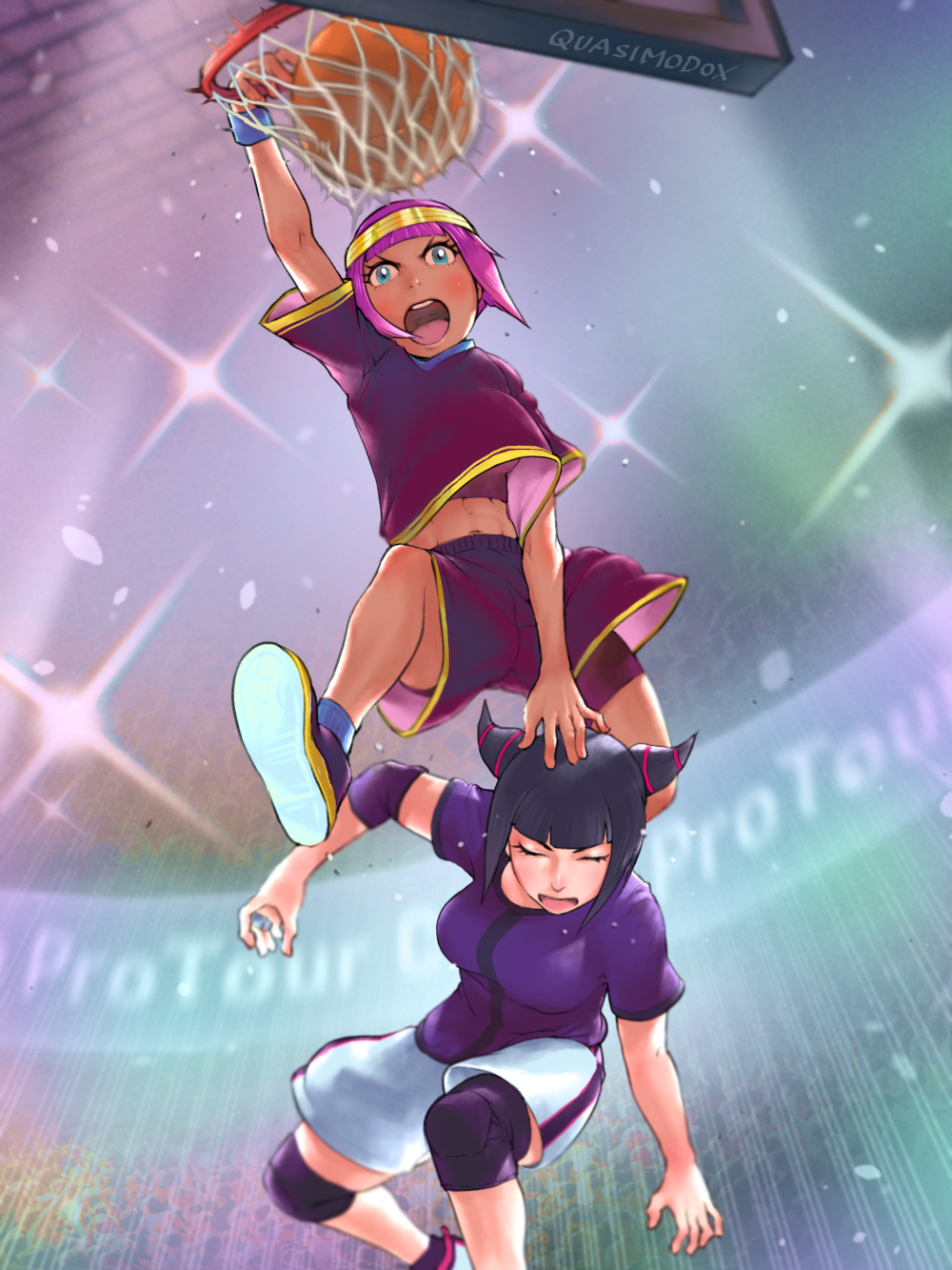 2girls, alternate_costume, animal_ears, basketball, basketball_hoop, basketball_uniform, bike_shorts, bike_shorts_under_shorts