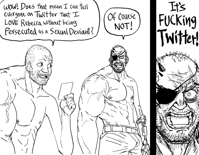 2boys, abs, absurdres, asymmetrical_arms, bb_(baalbuddy), beard, chest, coomer_(meme), cosplay, english_text, eyepatch, facial_hair, greyscale, highres, male_focus, meme, metal_gear_(series), metal_gear_solid, metal_gear_solid_v, monochrome, multiple_boys, muscle, muscular, muscular_male, original, simple_background, speech_bubble, venom_snake, venom_snake_(cosplay), white_background