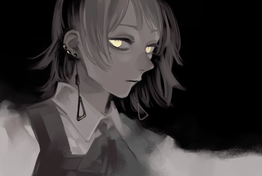 1girl, black_background, bow, chainsaw_man, collared_shirt, dark, dark_background, earrings, expressionless, grey_hair, highres, jewelry, looking_at_viewer, mole, mole_under_eye, monochrome, multiple_earrings, nakano_(2_mannaka), ringed_eyes, shirt, short_hair, simple_background, solo, spot_color, white_shirt, yellow_eyes