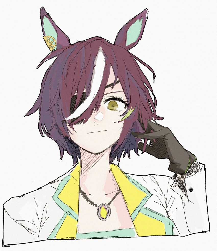 1girl, absurdres, animal_ears, bangs, black_gloves, brown_hair, closed_mouth, cropped_shoulders