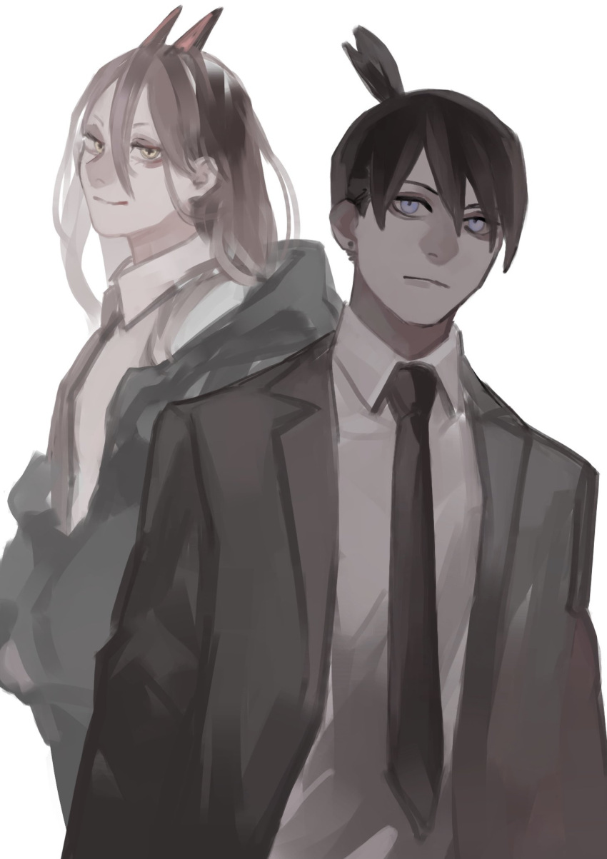 1boy, 1girl, black_hair, black_jacket, black_necktie, blue_eyes, chainsaw_man, collared_shirt, cross-shaped_pupils, earrings, formal, hair_between_eyes, hayakawa_aki, highres, hood, hoodie, horns, jacket, jewelry, long_hair, looking_at_viewer, monochrome, nakano_(2_mannaka), necktie, power_(chainsaw_man), red_horns, shirt, short_hair, simple_background, smile, spot_color, stud_earrings, suit, topknot, upper_body, white_background, white_shirt, white_theme, yellow_eyes