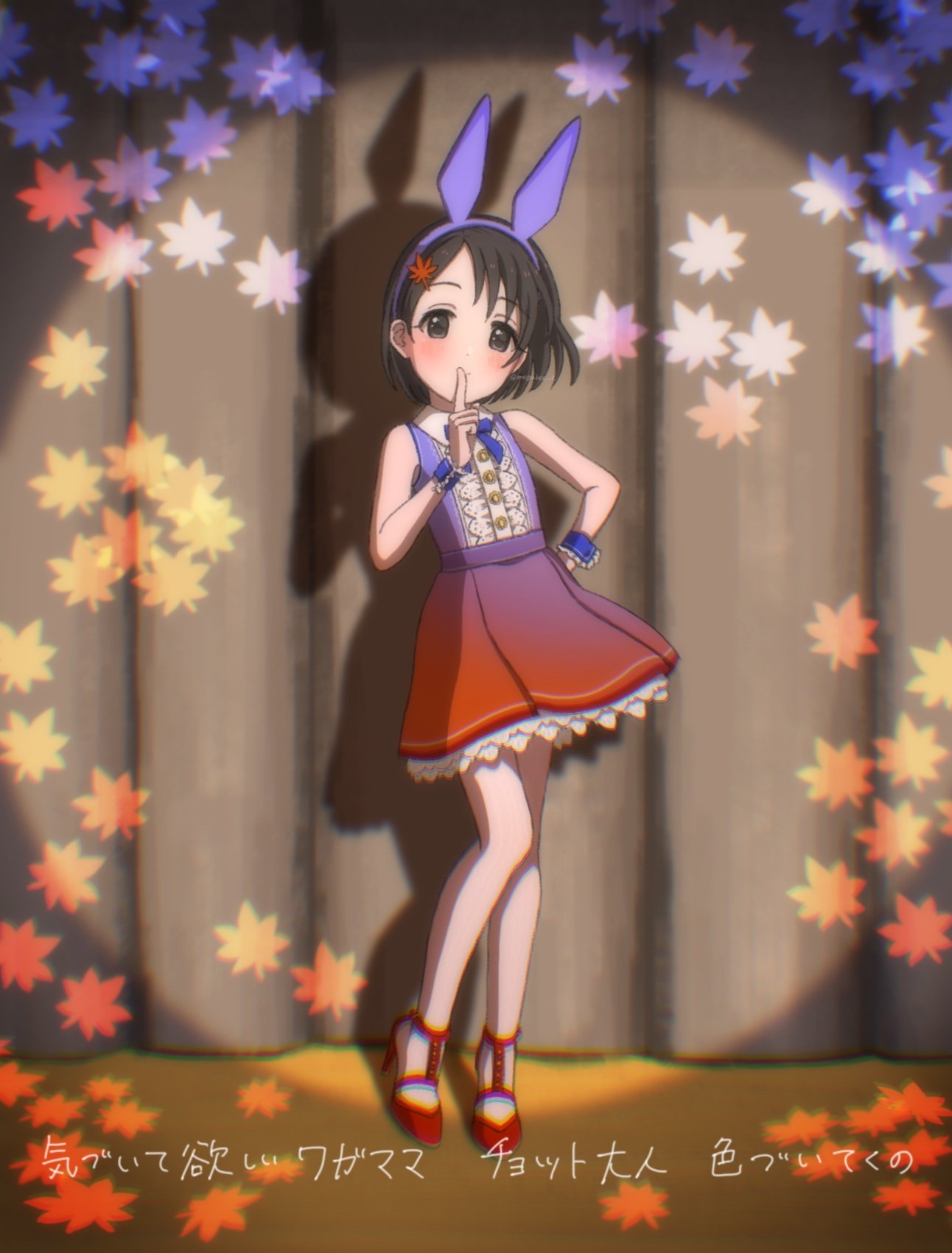 1girl, animal_ears, bangs, black_eyes, black_hair, blue_bow, blue_bowtie, blue_dress, blush, bow, bowtie, brown_eyes, bunny_ears, commentary_request, curtains, dot_nose, dress, fake_animal_ears, female_child, finger_to_mouth, full_body, gradient_dress, hair_ornament, hairclip, hand_on_hip, hand_up, highres, idolmaster, idolmaster_cinderella_girls, index_finger_raised, layered_dress, leaf_hair_ornament, leaf_print, legs, light, looking_at_viewer, megabee_e, pantyhose, pose, rabbit_ears, red_dress, red_footwear, sasaki_chie, shadow, shoes, short_hair, sleeveless, sleeveless_dress, solo, translation_request, white_pantyhose, wing_collar, wrist_cuffs