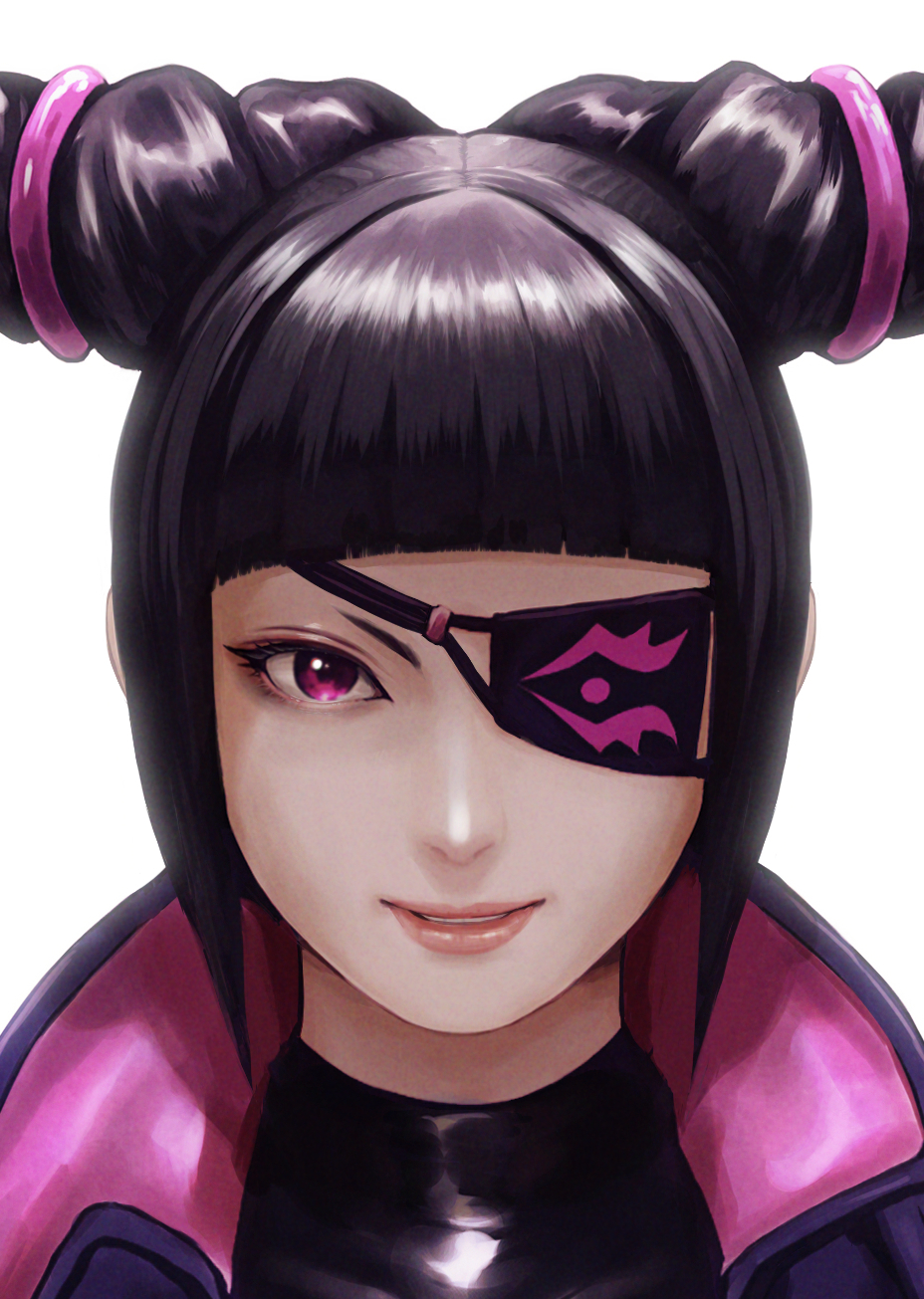 1girl, bangs, black_hair, blunt_bangs, commentary_request, drill_hair, eyepatch, hair_horns, han_juri, highres, ishiyuki, long_hair, looking_at_viewer, parted_lips, portrait, purple_eyes, smile, solo, street_fighter, street_fighter_iv_(series), twin_drills, violet_eyes