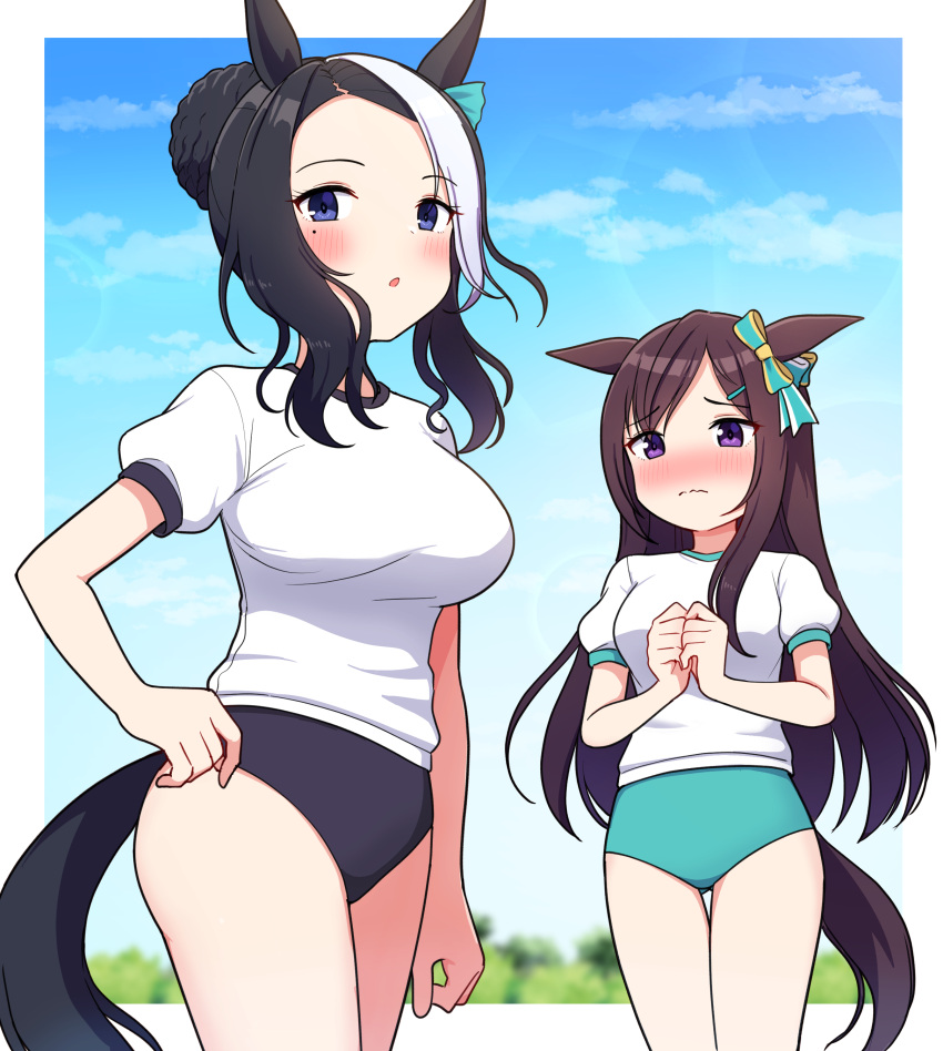2girls, absurdres, alternate_costume, animal_ears, black_hair, blurry, blurry_background, blush