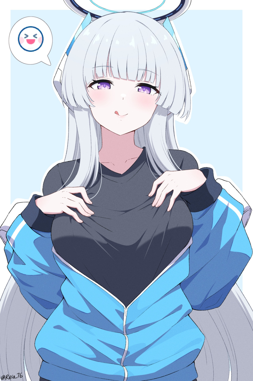 1girl, :q, bangs, blue_archive, blue_hair, blunt_bangs, blush, breasts