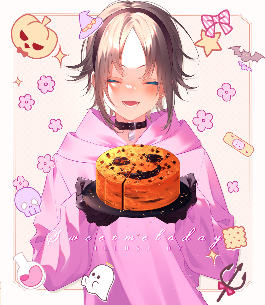1boy, absurdres, black_gloves, brown_hair, cake, closed_eyes, food, gloves