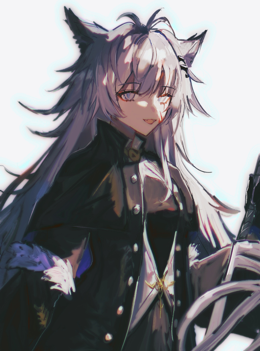 1girl, animal_ears, anpoai, antenna_hair, arknights, bangs, black_coat, black_dress