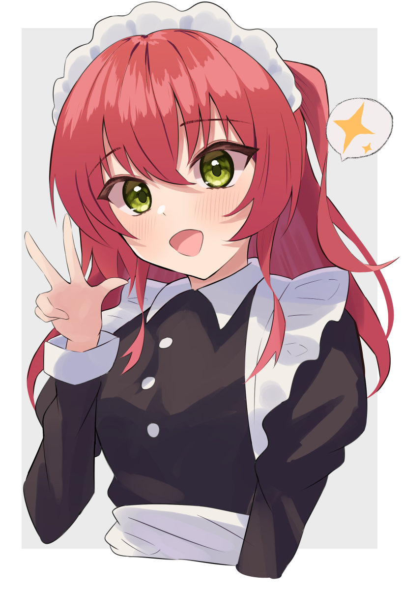 1girl, :d, apron, blush, bocchi_the_rock!, green_eyes, hair_between_eyes, highres