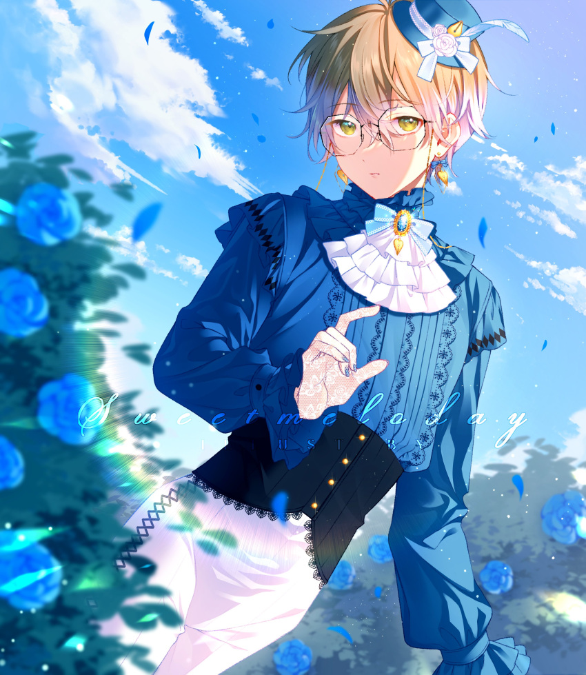 1boy, absurdres, alternate_costume, blue_flower, blue_hair, blue_rose, blue_shirt, earrings