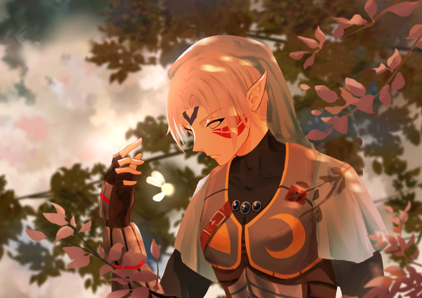 1boy, absurdres, black_gloves, blurry, blurry_background, bug, butterfly, facial_tattoo, fairy, fierce_deity, fingerless_gloves, gloves, highres, insect, kana_(kkk021109), link, male_focus, mask, outdoors, pointy_ears, tattoo, the_legend_of_zelda, the_legend_of_zelda:_majora's_mask, upper-body, white_hair