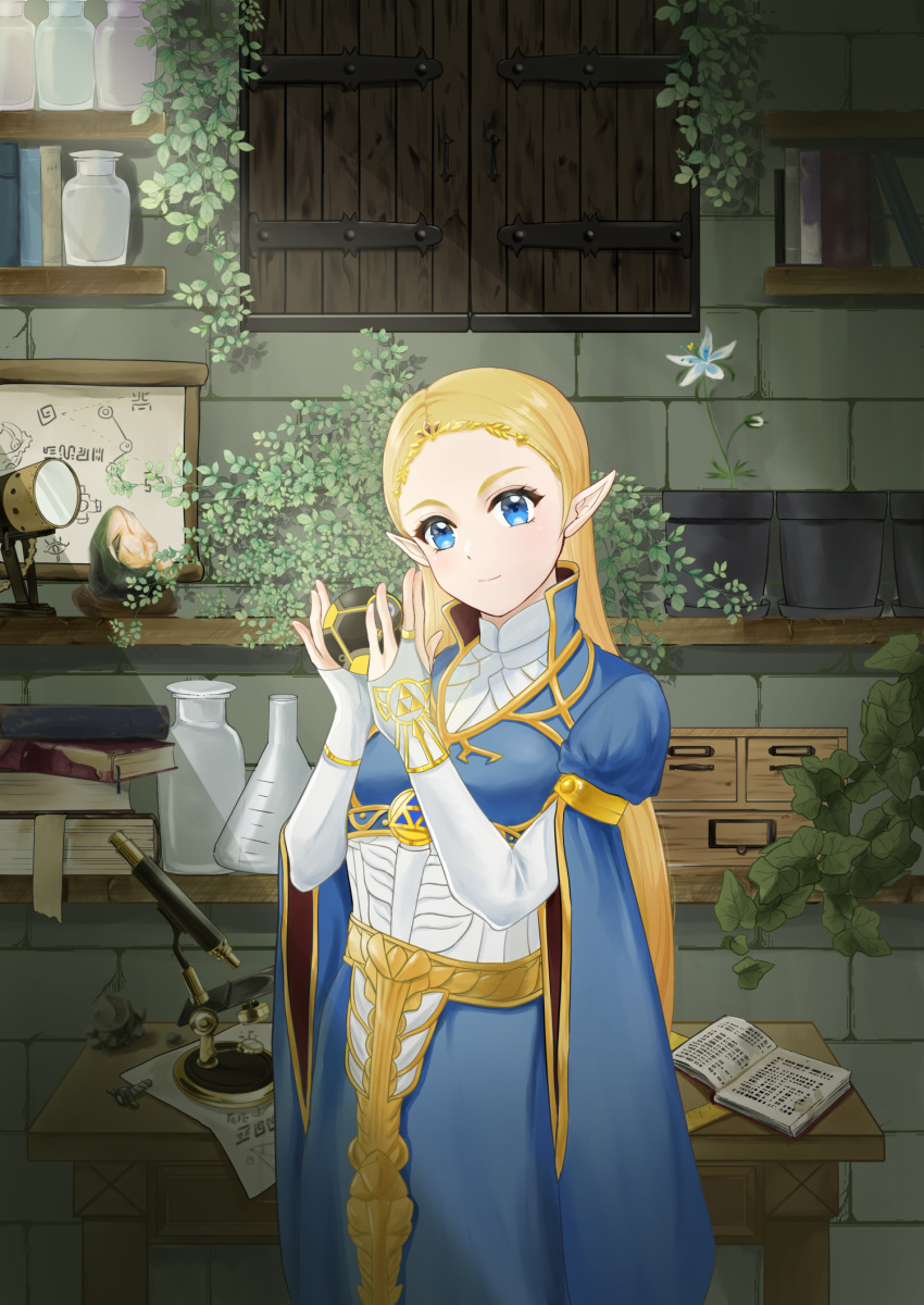 1girl, ancient_core, ball, beaker, blonde_hair, blue_dress, blue_eyes, book, book_stack, desk, dress, flower, gold_trim, highres, holding, holding_ball, indoors, jar, kana_(kkk021109), long_hair, microscope, plant, pointy_ears, potted_plant, princess_zelda, screw, shelf, smile, solo, standing, sunlight, the_legend_of_zelda, very_long_hair